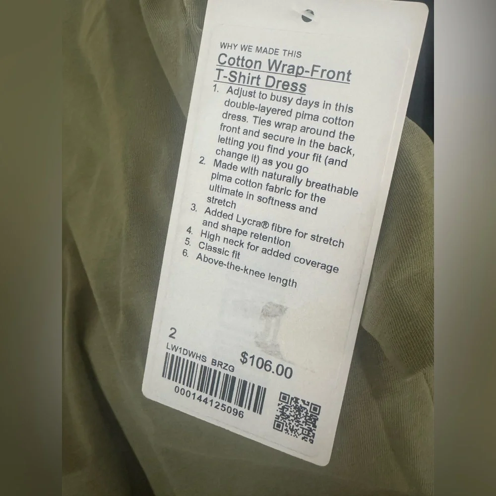 NWT $106 Lululemon Cotton Wrap Front T-Shirt Dress Size 2 Bronze‎ Green
